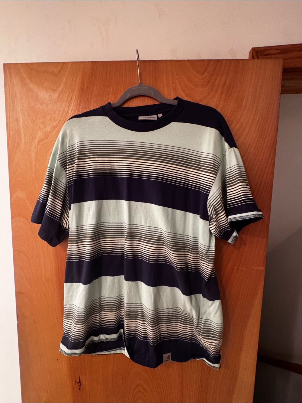 Carhartt WIP Short-Sleeve Striped Tee in Navy and Light Green